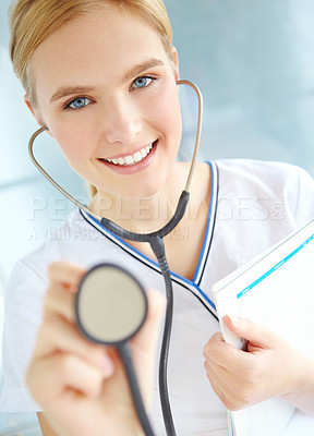 Buy stock photo Portrait, woman or doctor in hospital with stethoscope, lungs assessment and monitoring health of patient. Medical, female cardiologist and tool to listen for heart sounds, rhythm and blood pressure