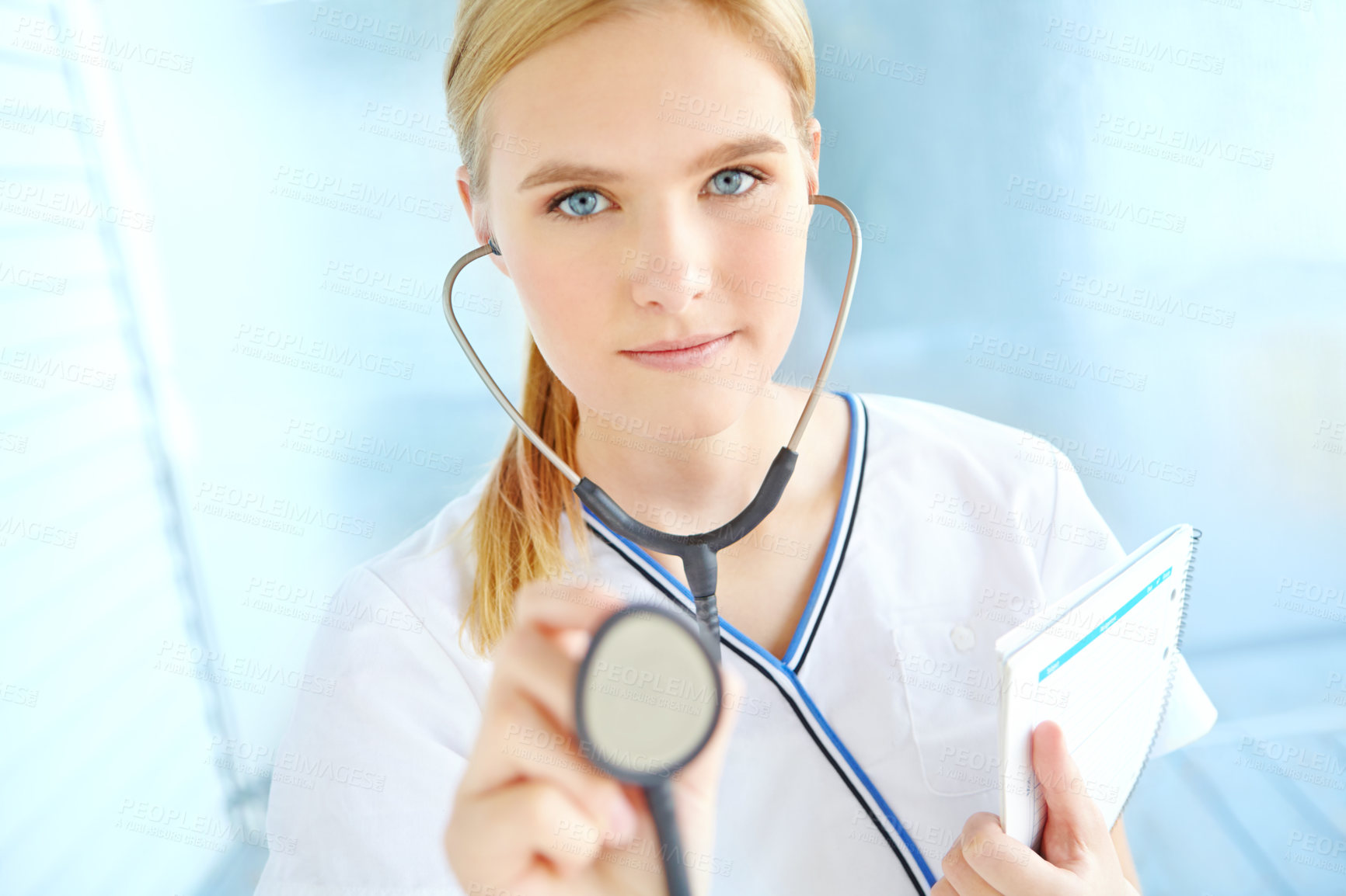 Buy stock photo Portrait, woman or doctor in clinic with stethoscope, lungs assessment and monitoring health of patient. Medical, female cardiologist and tool to listening for heart sounds, rhythm and blood pressure