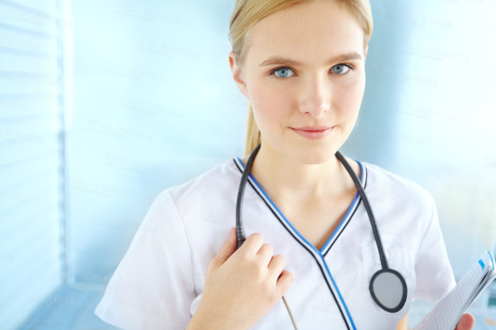 Buy stock photo Checklist, woman or doctor in portrait with stethoscope, lungs assessment and monitoring health of patient. Healthcare, female cardiologist and tool to listen for heart sounds, rhythm or medical info