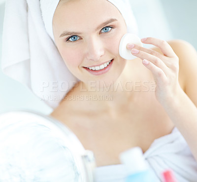 Buy stock photo Portrait, woman and cleaning face for skincare with cotton pad, facial hygiene and wipe makeup of dermatology. Girl, product and cosmetic for natural benefits, glow results and beauty mirror at house