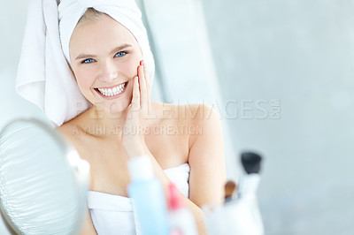 Buy stock photo Portrait, girl and skincare in bathroom at house for facial satisfaction, smooth results and cleaning routine. Excited, woman or towel for dermatology shine, natural beauty and cosmetics of self care