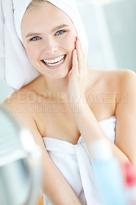 Buy stock photo Bathroom, skincare and portrait of woman with smile for hygiene, cleaning and morning routine. Towel, happy and female person with confidence at home for dermatology, satisfaction and self care