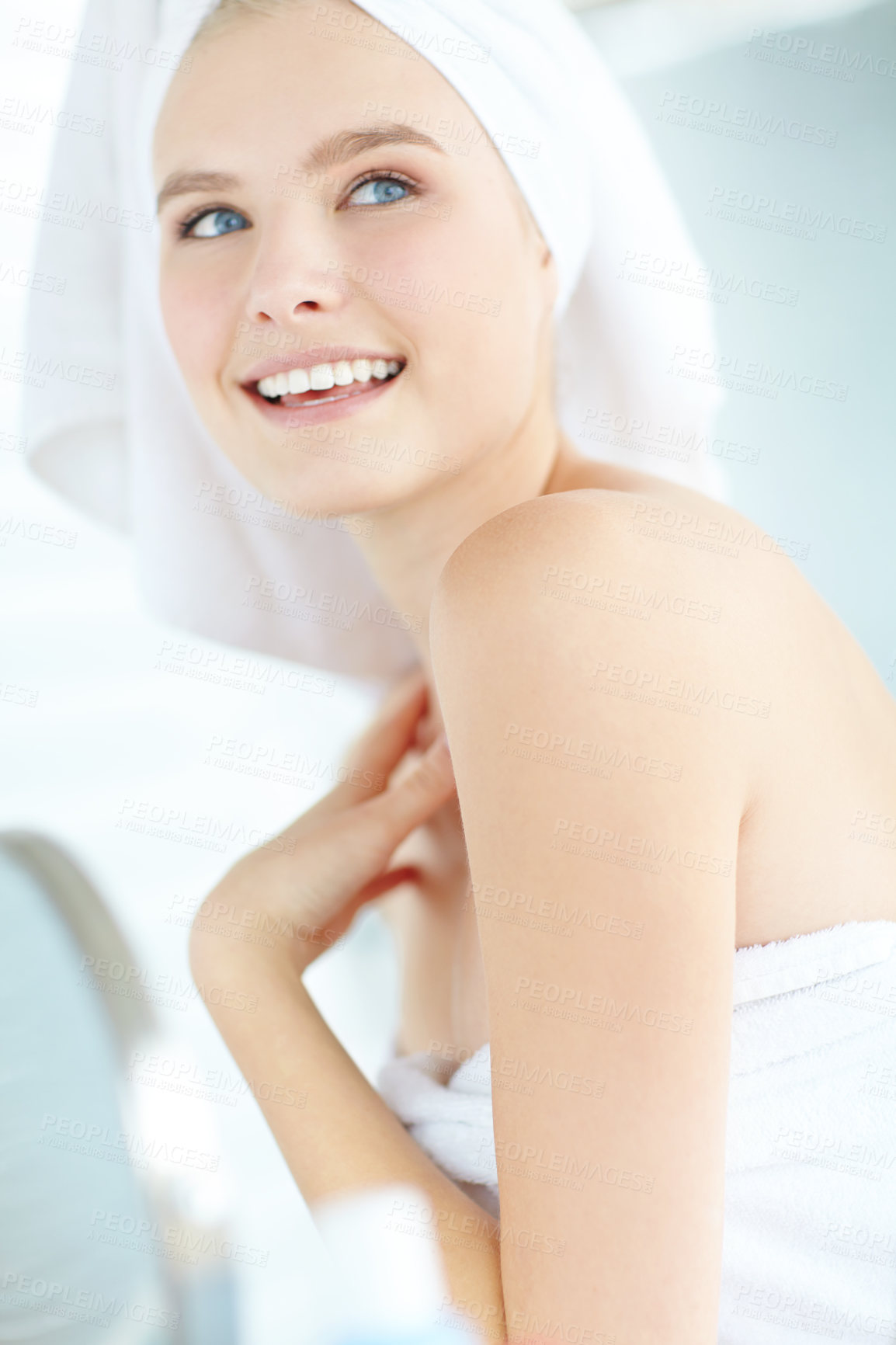 Buy stock photo Thinking, woman and skincare with smile at house for facial satisfaction, smooth results and cleaning routine. Happy, girl and towel with dermatology shine, natural beauty and cosmetics of self care