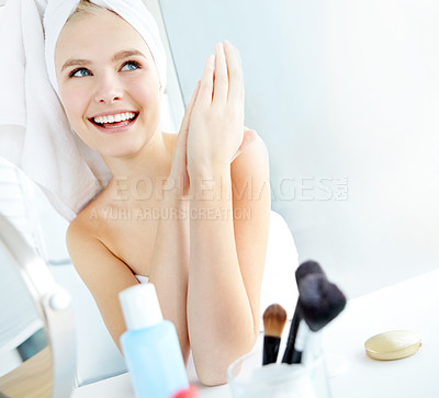 Buy stock photo Thinking, confident and woman with skincare in bathroom for dermatology, hygiene and morning routine. Towel, happy and female person with smile at home for self care, cleaning and satisfaction