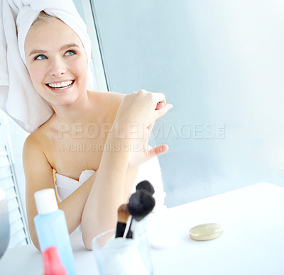 Buy stock photo Skincare, woman and beauty in bathroom at house for facial satisfaction, smooth results and cleaning routine. Happy, girl and thinking for dermatology shine, natural treatment and self care wellness