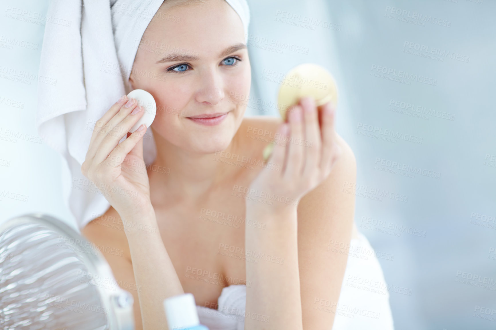 Buy stock photo Bathroom, cotton and woman with mirror for skincare, morning routine or date preparation. Cosmetics, girl or remove makeup with swab for cleaning, hygiene or face treatment for natural beauty in home