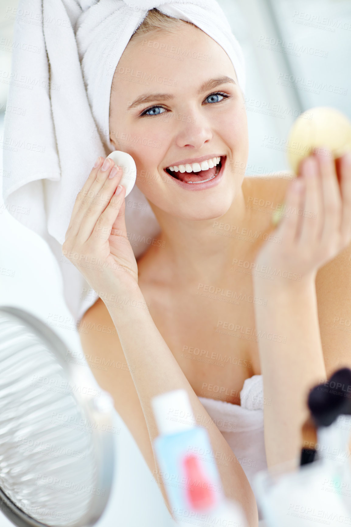 Buy stock photo Portrait, woman and laughing with cotton for skincare, morning routine or dermatology. Mirror, face and remove makeup with pad for cleaning, hygiene or treatment for natural beauty in home bathroom