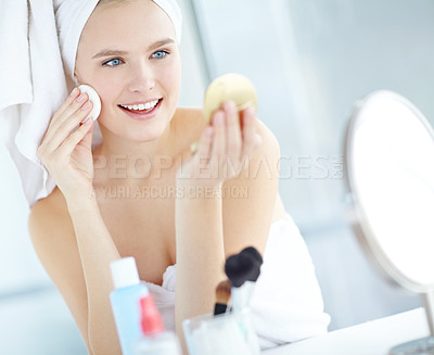 Buy stock photo Cotton, happy woman and cleaning face for skincare morning routine or dermatology. Mirror, girl or remove makeup with pad for cosmetic, hygiene or facial treatment for natural beauty in home bathroom