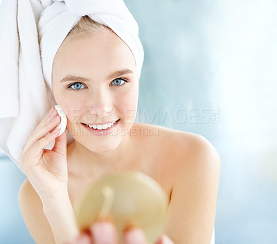 Buy stock photo Cotton, portrait and happy woman cleaning face for skincare, morning and peeling. Mirror, girl and remove makeup with pad for cosmetic, hygiene or facial treatment for natural beauty in home bathroom