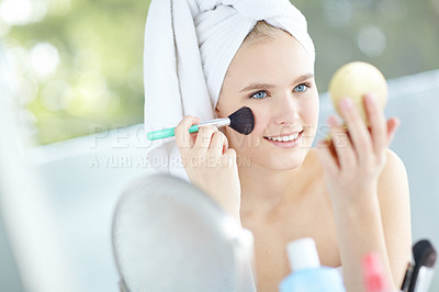 Buy stock photo Cosmetics, brush and woman with hand mirror in home for facial, beauty and makeup treatment. Cosmetology tool, self care and female person getting ready with press powder for smooth skin at house.