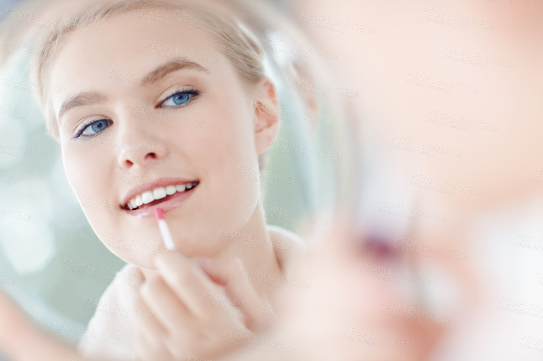 Buy stock photo Mirror, lip gloss and woman beautician with cosmetics for beauty, morning routine or preparation in house. Reflection, face or girl with lipstick product for makeup, shine or glow aesthetic on mouth