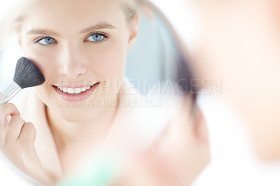 Buy stock photo Woman, beauty and cosmetics with makeup brush, mirror and confidence for dermatology or healthy skin in home. Female person, pride and wellness with smile, glow and results in skincare or cosmetology