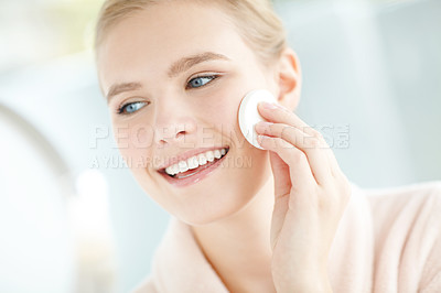 Buy stock photo Woman, beauty and cosmetics with cotton pad, grooming and confidence for dermatology or healthy skin in home. Female person, pride and wellness with smile, glow and results in skincare or cosmetology