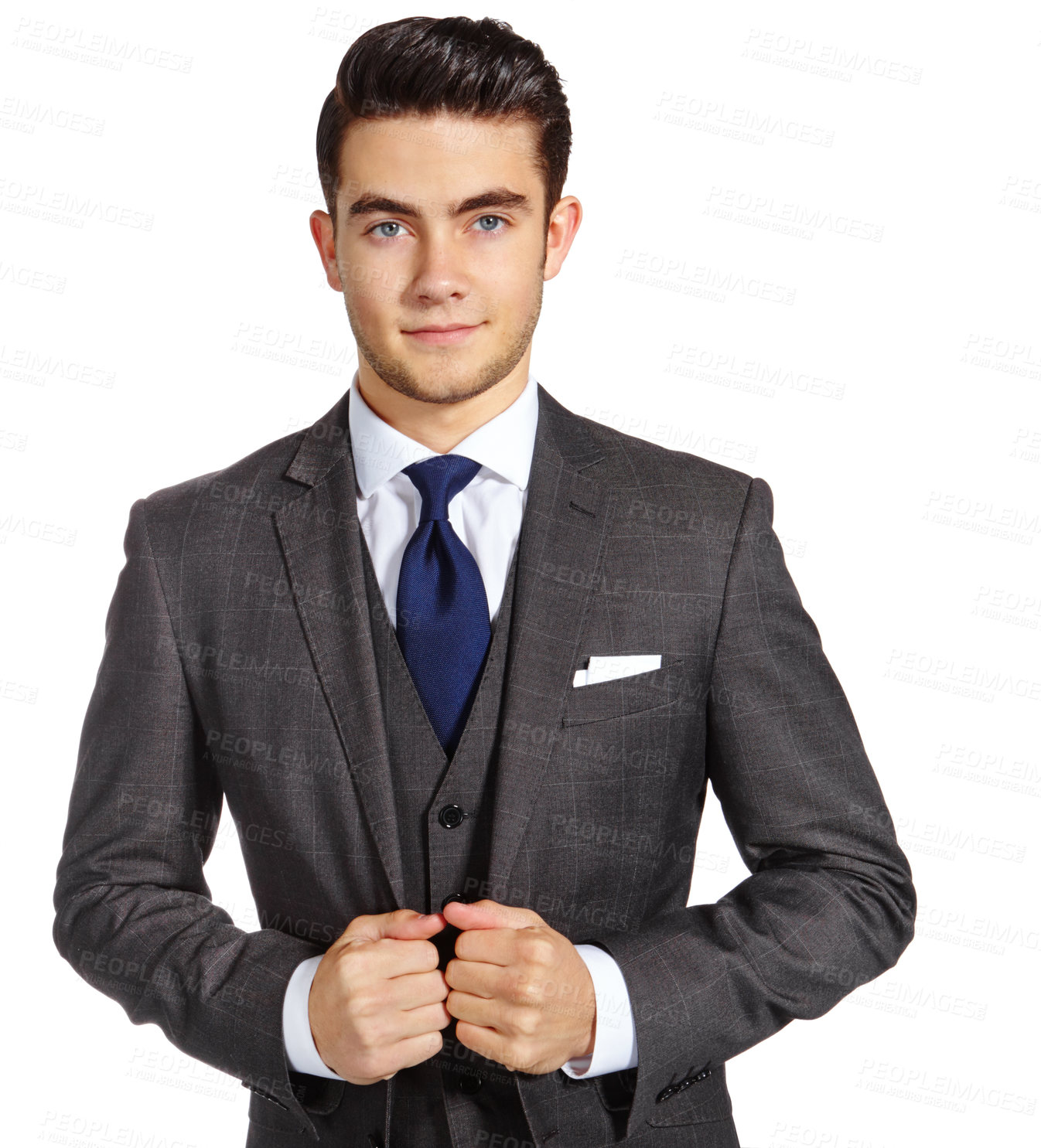 Buy stock photo Portrait, business and man in suit, pride and confident guy isolated on white studio background. Face, person and entrepreneur with corporate fashion, style and startup with professional clothes