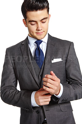 Buy stock photo Business, man and serious in studio for fashion on white background for elegant style and outfit as accountant. Male person, entrepreneur and smile on confidence with suit as clothes for office wear