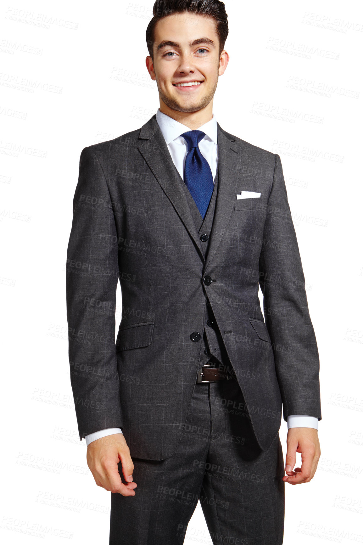 Buy stock photo Business, man and happy in studio for fashion on white background for elegant style and outfit as accountant. Male person, portrait and smile on confidence with suit as clothes for office wear