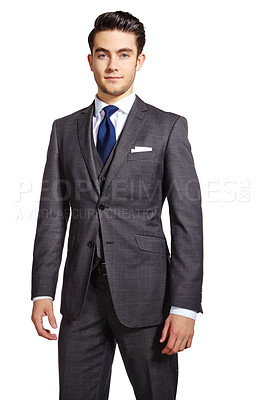 Buy stock photo Business, man and confident in studio for fashion on white background for elegant style and outfit as accountant. Male person, entrepreneur and serious on portrait with suit, clothes and office wear