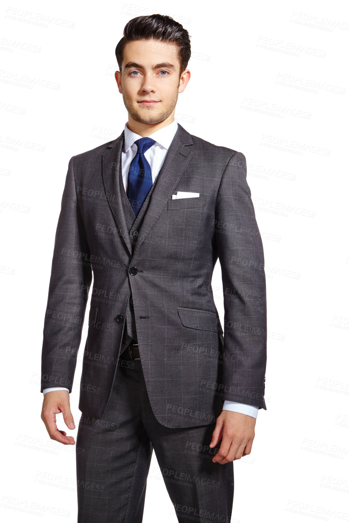 Buy stock photo Business, man and confident in studio for fashion on white background for elegant style and outfit as accountant. Male person, entrepreneur and serious on portrait with suit, clothes and office wear