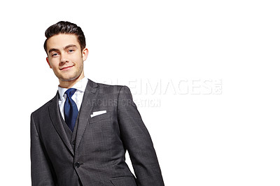 Buy stock photo Business, man and happy in studio for fashion on white background for elegant style and outfit as accountant. Male person, portrait and smile on confidence with suit as clothes for office wear