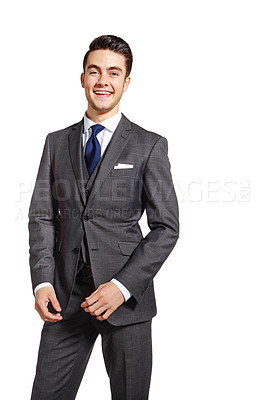 Buy stock photo Corporate, man and happy in studio for fashion on white background for elegant style and outfit as accountant. Male person, business and portrait on confidence with suit for office on mockup space