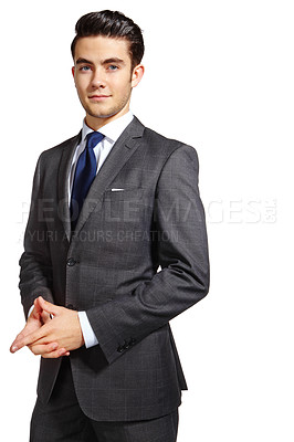 Buy stock photo Confident, suit and portrait of businessman in studio for corporate, finance career and work. Accounting, professional and male person with pride for financial, service and job on white background