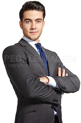 Buy stock photo Business, man and arms crossed in studio for fashion on white background for elegant style and outfit as accountant. Male person, corporate and serious on confidence with suit as clothes for office