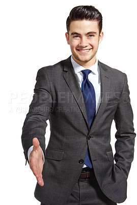 Buy stock photo Business, man and happy in studio with handshake for deal, partnership and agreement on white background. Male person, corporate and smile on portrait with pride for congratulation and well done