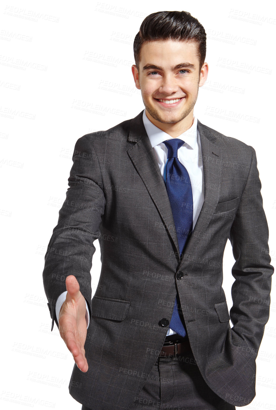 Buy stock photo Business, man and happy in studio with handshake for deal, partnership and agreement on white background. Male person, corporate and smile on portrait with pride for congratulation and well done