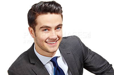 Buy stock photo Corporate businessman and portrait with smile in studio for accounting, company and finance career. Professional, accountant and person with pride for financial, job and service on white background