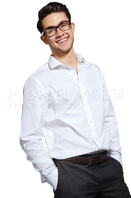 Buy stock photo Portrait, businessman and fashion with confidence, happiness and professional on white background. Male person, style and trendy in studio backdrop, satisfied and cheerful in outfit, clothes or smile