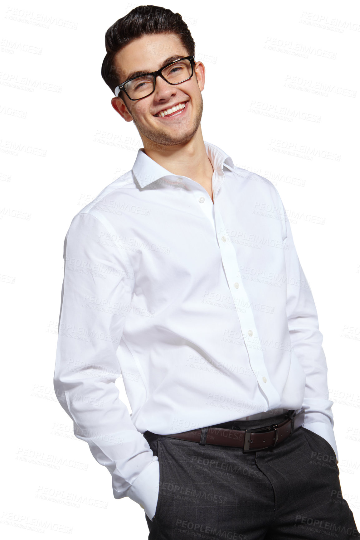 Buy stock photo Portrait, businessman and fashion with confidence, happiness and professional on white background. Male person, style and trendy in studio backdrop, satisfied and cheerful in outfit, clothes or smile