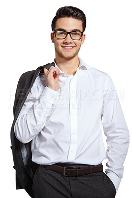 Buy stock photo Portrait, businessman and fashion with confidence, style and professional on white background. Male person, happiness and trendy in studio backdrop, satisfied and cheerful in outfit, clothes or smile