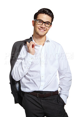 Buy stock photo Portrait, businessman and fashion with confidence, jacket and professional on white background. Male person, style and trendy in studio backdrop, satisfied and cheerful in outfit, clothes or smile