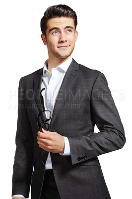 Buy stock photo Pride, businessman and fashion with confidence, style and professional on white background. Male person, happiness and trendy in studio backdrop, satisfied and cheerful in outfit, clothes or smile