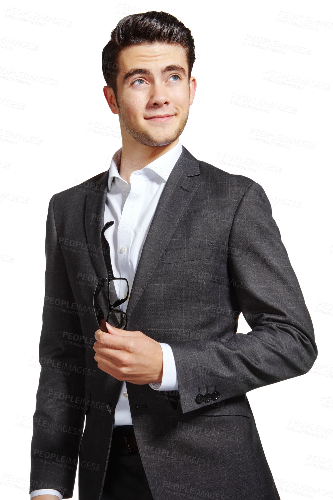 Buy stock photo Pride, businessman and fashion with confidence, style and professional on white background. Male person, happiness and trendy in studio backdrop, satisfied and cheerful in outfit, clothes or smile