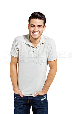 Buy stock photo Portrait, relax and smile with man in studio isolated on white background for casual style or wellness. Break, comedy and hands in pockets with happy person in clothes outfit for fashion or humor