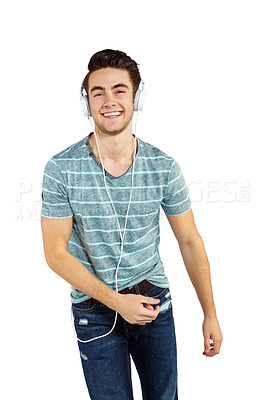 Buy stock photo Music, portrait and smile with student man in studio isolated on white background for education. College, school and university with teen person in headphones for development, learning or streaming