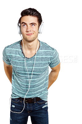 Buy stock photo Funny face, music and thinking with student man in studio isolated on white background for education. College, headphones and university with teenage person at school for development or learning