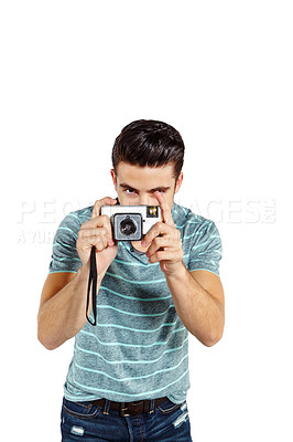 Buy stock photo Man, studio and portrait with digital camera for photography and creativity on white background. Male person, photographer and talent or hobby as artist for memories, curation of profile and fun