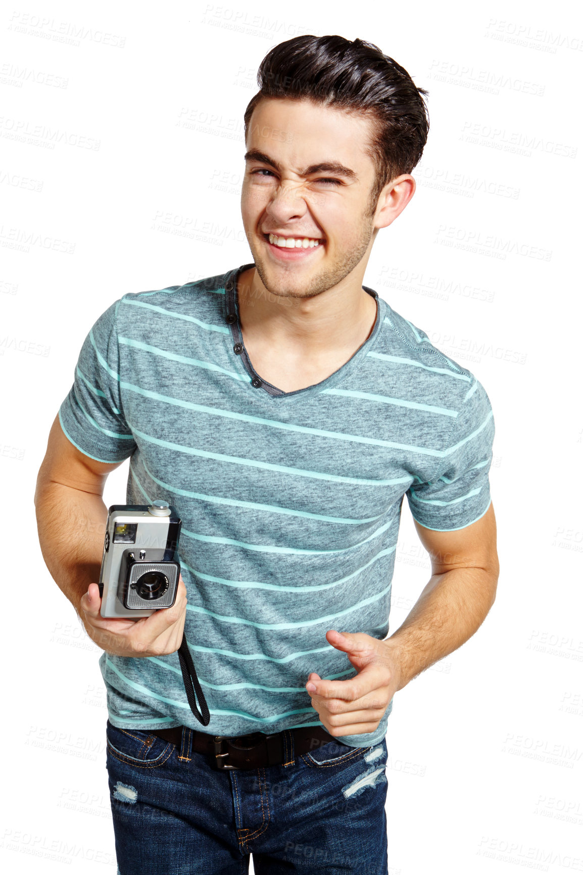 Buy stock photo Camera, casual and portrait with student man in studio isolated on white background for education. College, scholarship and university with teenage photographer at school for development or learning