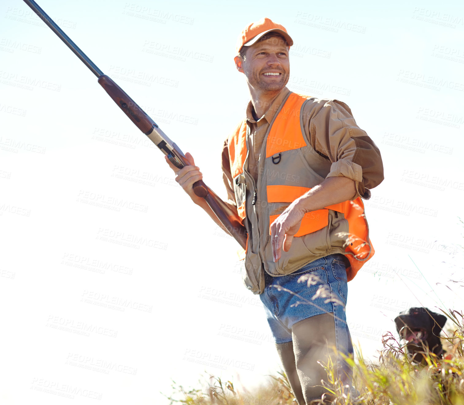 Buy stock photo Man, dog and outdoor for hunting skills, shotgun and stalking prey together in nature. Mature person, pet animal and hunter support in field to guide in woods, partnership and tracking in sports