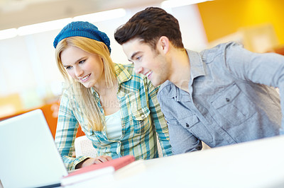 Buy stock photo Education, laptop and smile of student people in library at college or university campus for learning. Computer, scholarship and study with happy friends at school desk for development together