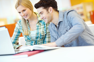 Buy stock photo Education, laptop and smile of student couple in library at college or university campus for learning. Computer, development and study with people friends at school desk for scholarship together