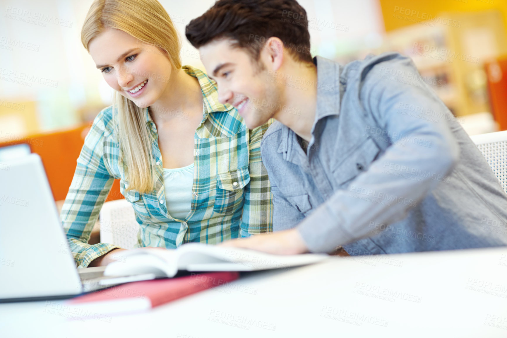 Buy stock photo Education, laptop and smile of student couple in library at college or university campus for learning. Computer, development and study with people friends at school desk for scholarship together