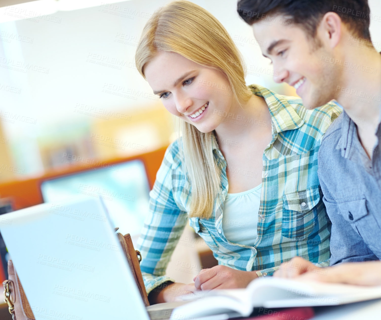 Buy stock photo Education, laptop and study with happy students in library at college or university campus for learning. Computer, development and smile of people friends at school desk for scholarship together