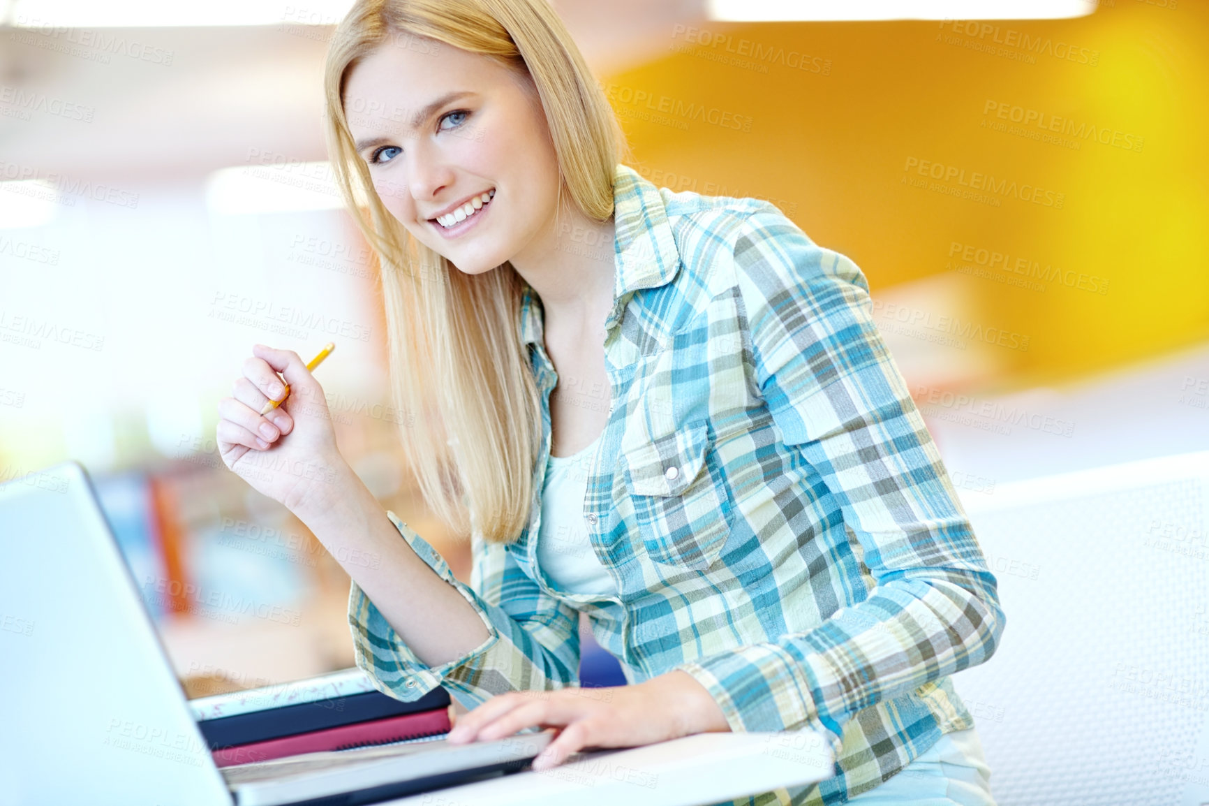 Buy stock photo Girl, university student and portrait with laptop at library for research, learning and education. Person, woman and computer at college, campus and happy for info, scholarship and study in Germany