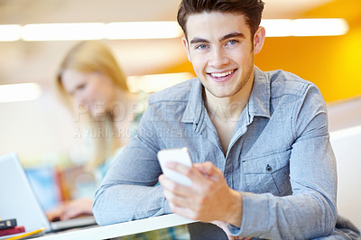 Buy stock photo Portrait, student and man in library, cellphone and typing with connection, texting and message. Face, college and girl with smartphone, contact and digital app for exam results, smile and university