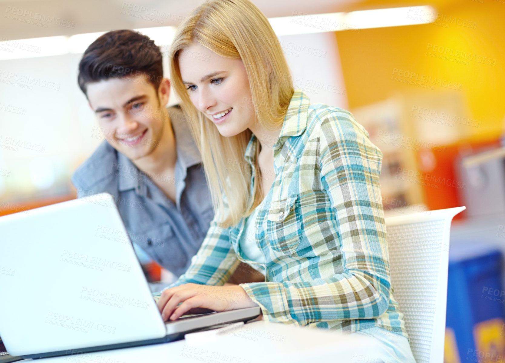 Buy stock photo Students, university and laptop for research, learning and higher education with project, studying and smile. Friends, man and woman with computer, library or college with proposal, planning or email