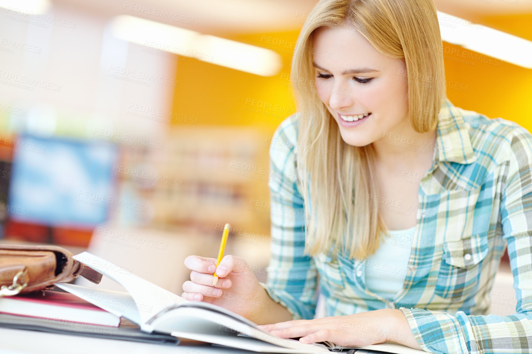 Buy stock photo Girl, college student and learning with book at library for research, reading and development. Person, woman and ideas at university, campus and review for info, scholarship and studying in Germany