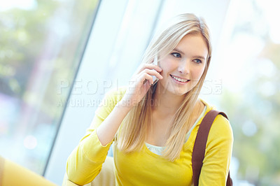 Buy stock photo Girl, talking and phone call in airport waiting area for study abroad or journey as university student. Female person, mobile tech and travel for education, course or college on holiday or vacation